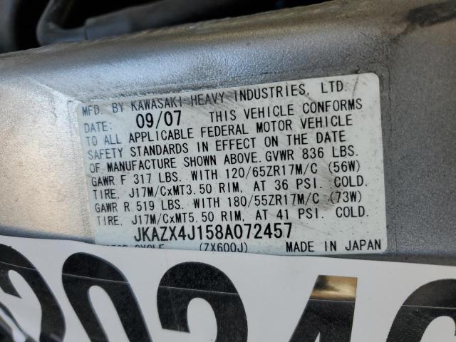 93202465 :رقم المزاد ، JKAZX4J158A072457 vin ، 2008 Kawasaki Zx600 مزاد بيع