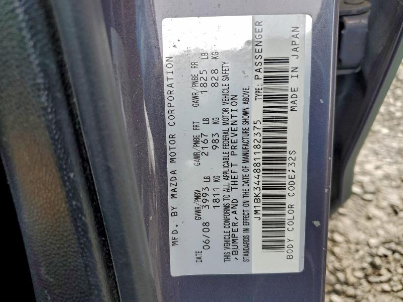 Продаж на аукціоні авто 2008 Mazda 3 Hatchbac, vin: JM1BK344881182375, номер лоту: 92333905