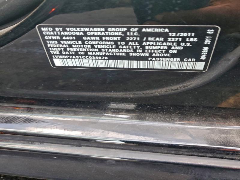 94236525 :رقم المزاد ، 1VWBP7A31CC034678 vin ، 2012 Volkswagen Passat Se مزاد بيع
