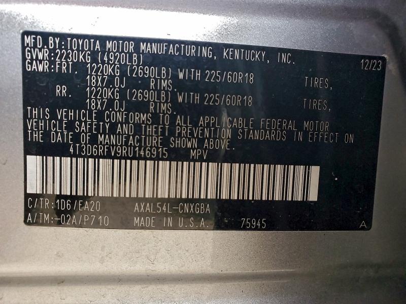 Aukcja sprzedaży 2024 Toyota Rav4, vin: 4T3D6RFV9RU146915, numer aukcji: 92058615