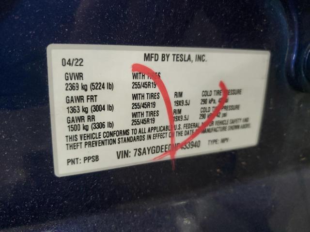 92716935 :رقم المزاد ، 7SAYGDEE0NF433940 vin ، 2022 Tesla Model Y مزاد بيع