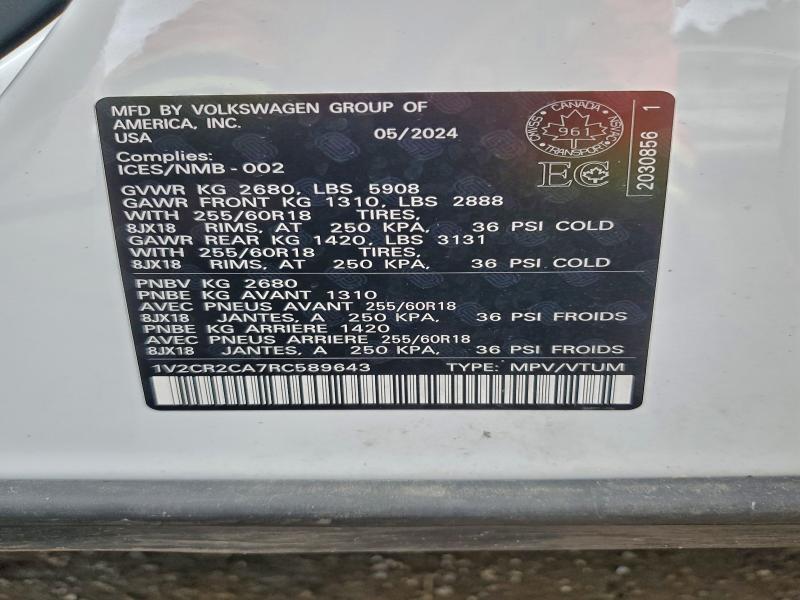 Aukcja sprzedaży 2024 Volkswagen Atlas, vin: 1V2CR2CA7RC589643, numer aukcji: 92437385