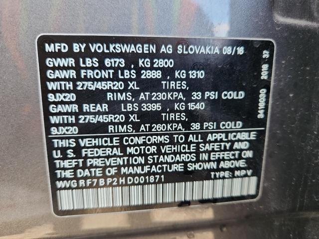 2017 Volkswagen Touareg მანქანა იყიდება აუქციონზე, vin: WVGRF7BP2HD001871, აუქციონის ნომერი: 93439345