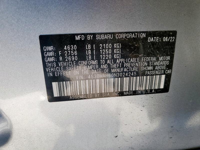 Aukcja sprzedaży 2022 Subaru Legacy Spo, vin: 4S3BWAH60N3024245, numer aukcji: 92468695