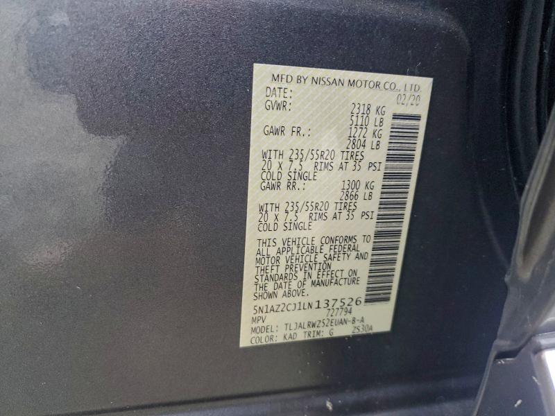 93924185 :رقم المزاد ، 5N1AZ2CJ1LN137526 vin ، 2020 Nissan Murano Sl مزاد بيع