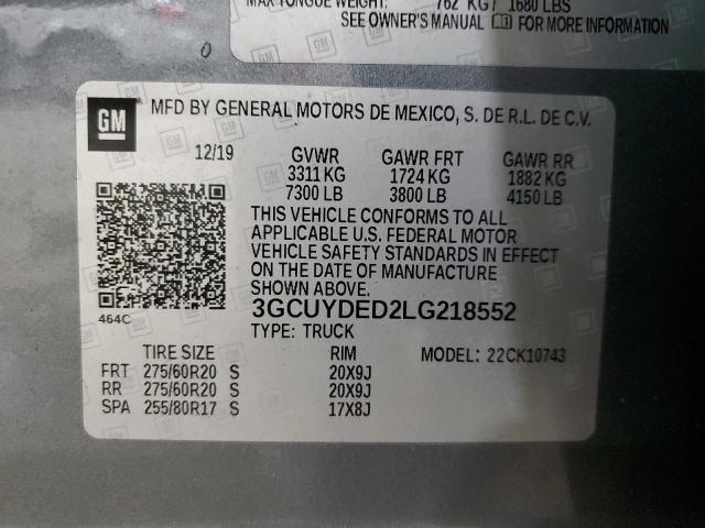 Aukcja sprzedaży 2020 Chevrolet Silverado, vin: 3GCUYDED2LG218552, numer aukcji: 92134635