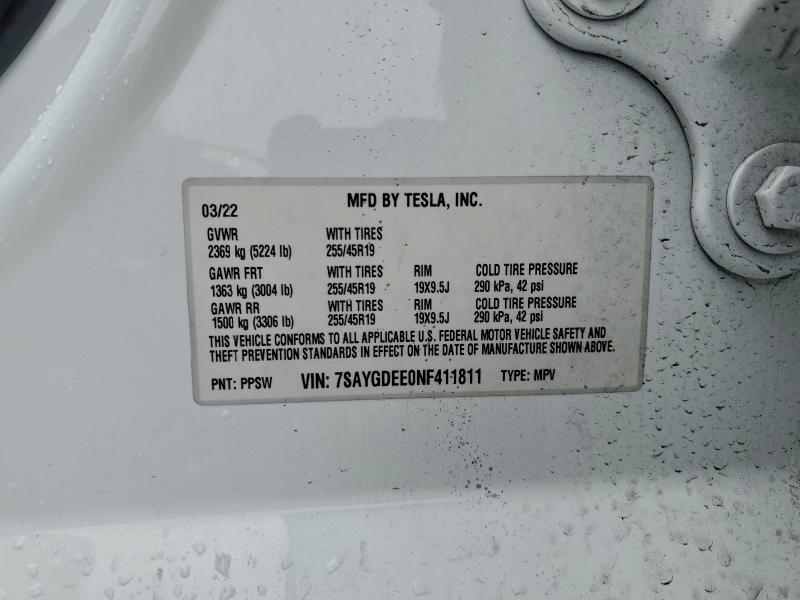Aukcja sprzedaży 2022 Tesla Model Y, vin: 7SAYGDEE0NF411811, numer aukcji: 93710145