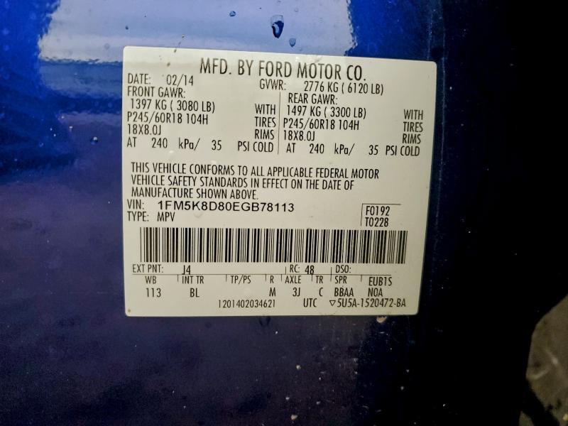 93818065 :رقم المزاد ، 1FM5K8D80EGB78113 vin ، 2014 Ford Explorer مزاد بيع