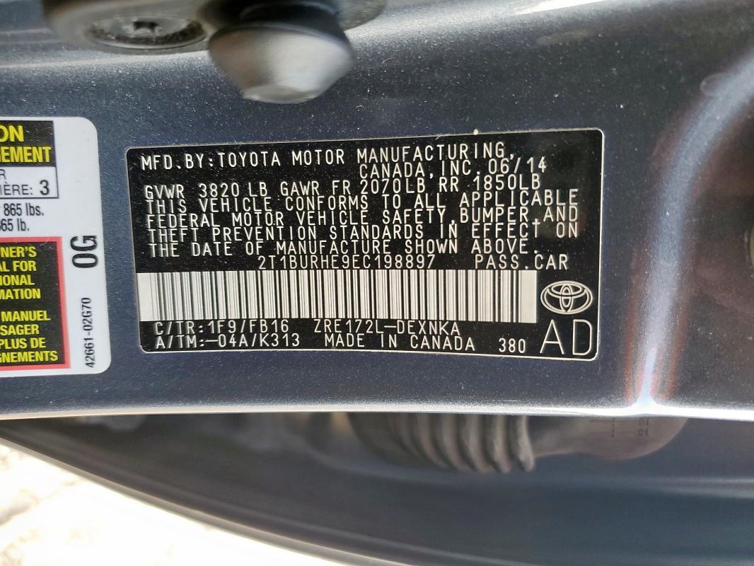 Aukcja sprzedaży 2014 Toyota Corolla L, vin: 2T1BURHE9EC198897, numer aukcji: 93241985