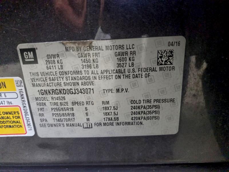 Aukcja sprzedaży 2016 Chevrolet Traverse L, vin: 1GNKRGKD0GJ343071, numer aukcji: 93761155