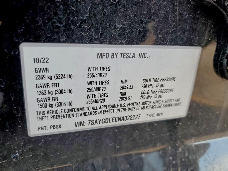 94785725 :رقم المزاد ، 7SAYGDEE0NA022227 vin ، 2022 Tesla Model Y مزاد بيع