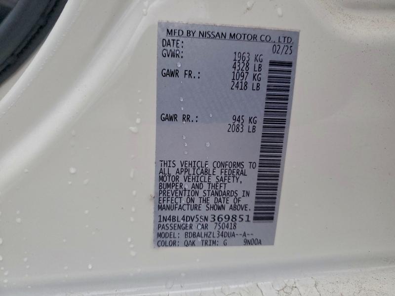 2025 Nissan Altima Sv მანქანა იყიდება აუქციონზე, vin: 1N4BL4DV5SN369851, აუქციონის ნომერი: 93930405