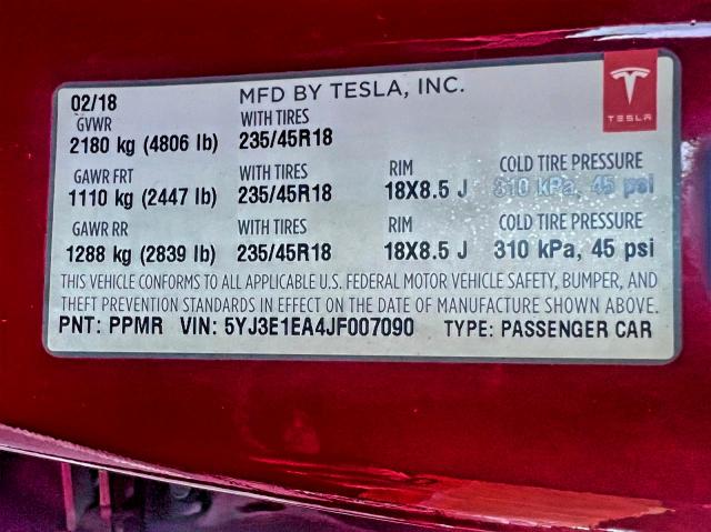 95004545 :رقم المزاد ، 5YJ3E1EA4JF007090 vin ، 2018 Tesla Model 3 مزاد بيع