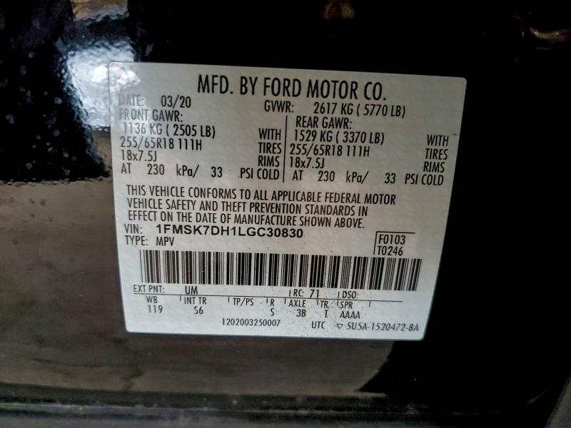 2020 Ford Explorer X მანქანა იყიდება აუქციონზე, vin: 1FMSK7DH1LGC30830, აუქციონის ნომერი: 93936165