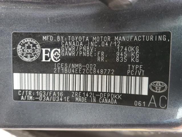 2012 Toyota Corolla მანქანა იყიდება აუქციონზე, vin: 2T1BU4EE2CC848772, აუქციონის ნომერი: 90587625