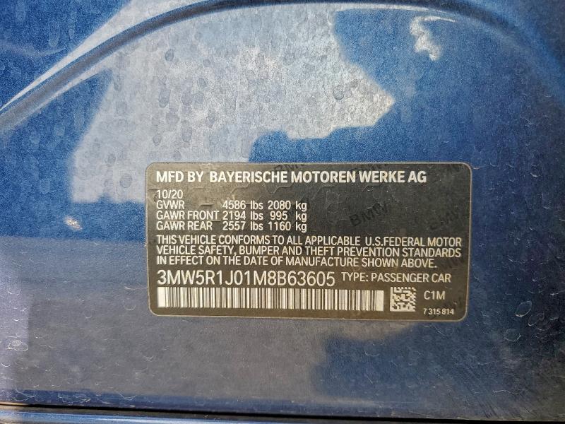 Aukcja sprzedaży 2021 Bmw 330i, vin: 3MW5R1J01M8B63605, numer aukcji: 94422285