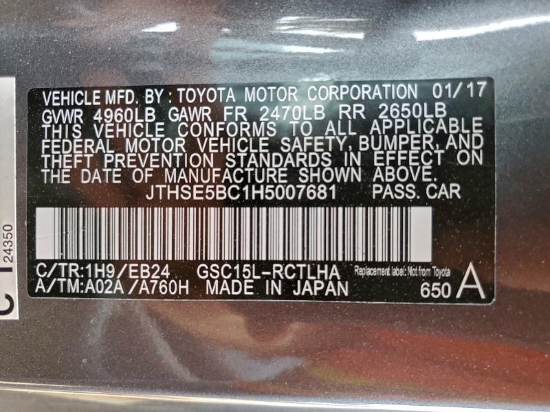 Продажа на аукционе авто 2017 Lexus Rc, vin: JTHSE5BC1H5007681, номер лота: 94082545