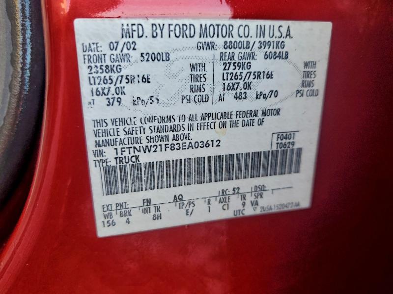 94685005 :رقم المزاد ، 1FTNW21F83EA03612 vin ، 2003 Ford F250 مزاد بيع