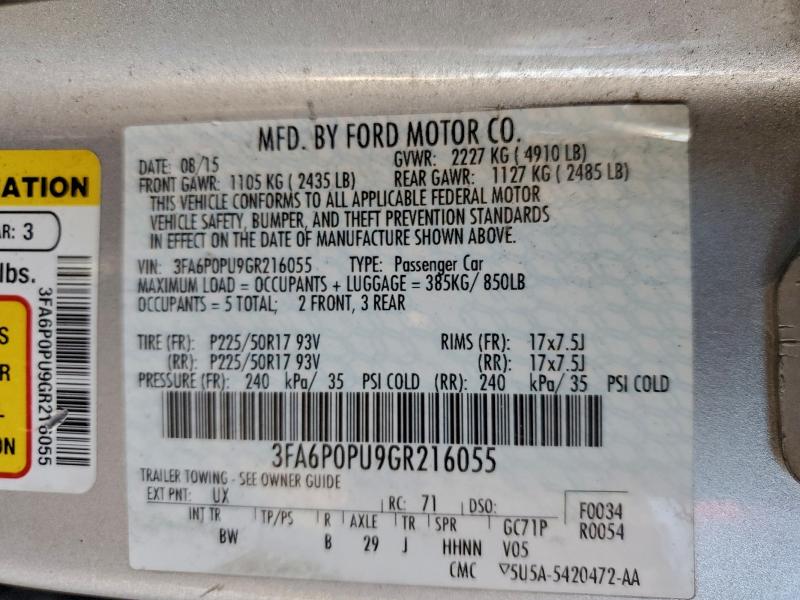 94407885 :رقم المزاد ، 3FA6P0PU9GR216055 vin ، 2016 Ford Fusion مزاد بيع