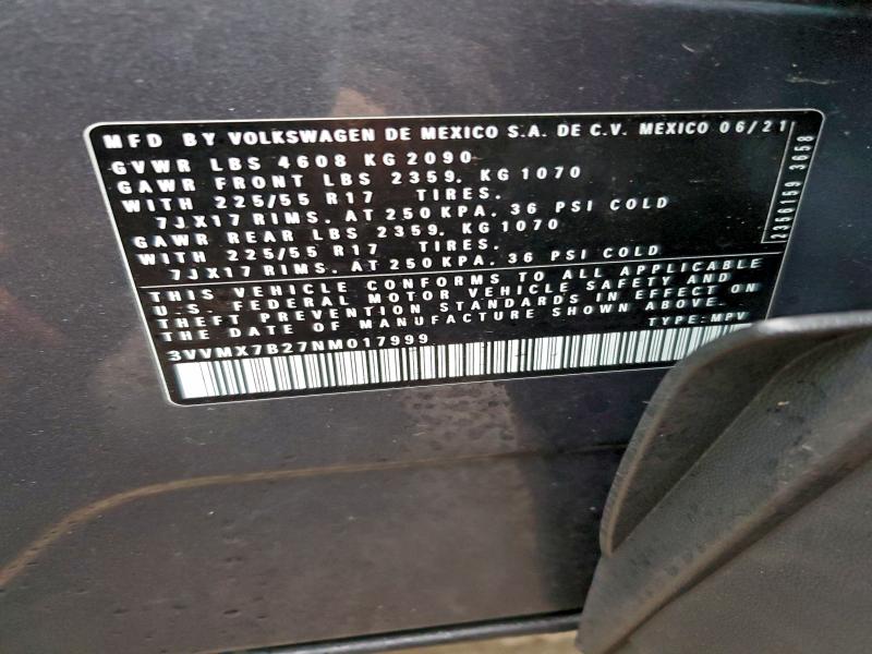 Aukcja sprzedaży 2022 Volkswagen Taos, vin: 3VVMX7B27NM017999, numer aukcji: 93369845