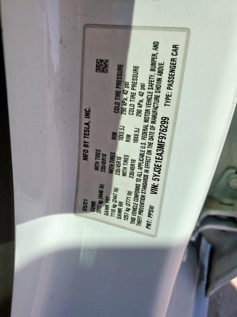 Aukcja sprzedaży 2021 Tesla Model 3, vin: 5YJ3E1EA3MF976299, numer aukcji: 91815585