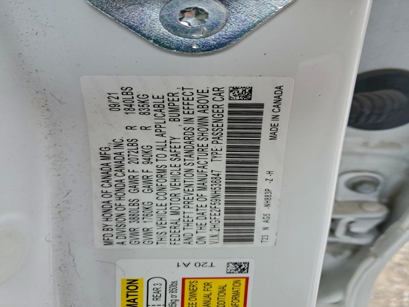 Aukcja sprzedaży 2022 Honda Civic, vin: 2HGFE2F59NH536847, numer aukcji: 93969865