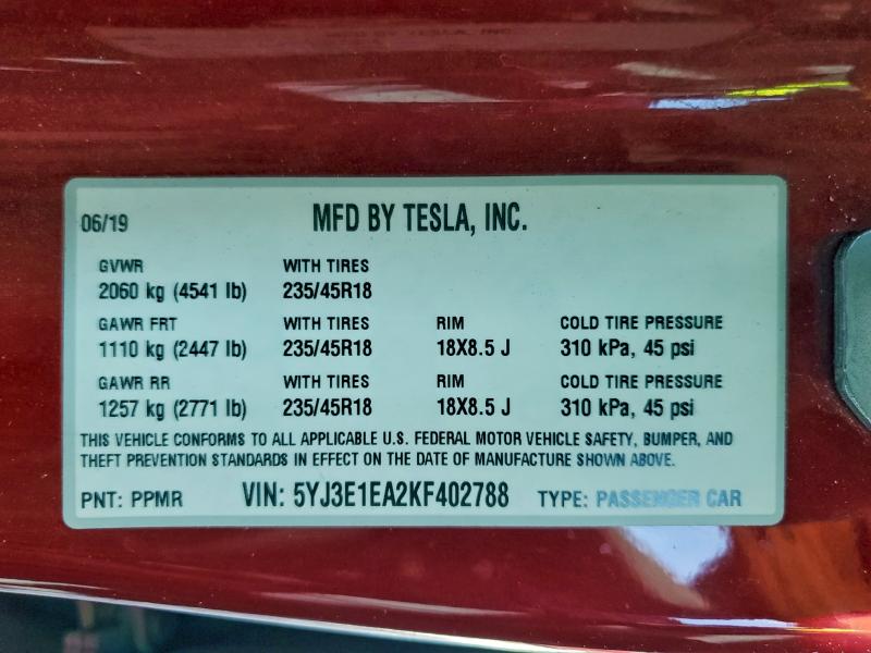Auction sale of the 2019 Tesla Model 3, vin: 5YJ3E1EA2KF402788, lot number: 92749115