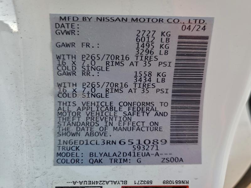 Aukcja sprzedaży 2024 Nissan Frontier S, vin: 1N6ED1CL3RN651089, numer aukcji: 93225505