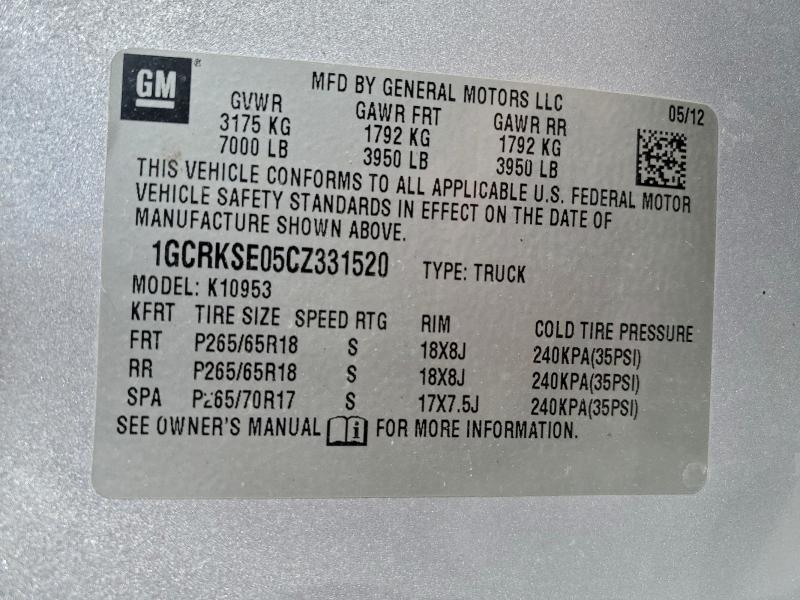 93490325 :رقم المزاد ، 1GCRKSE05CZ331520 vin ، 2012 Chevrolet Silverado مزاد بيع