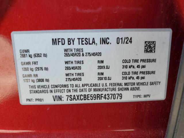 2024 Tesla Model X მანქანა იყიდება აუქციონზე, vin: 7SAXCBE59RF437079, აუქციონის ნომერი: 91224725