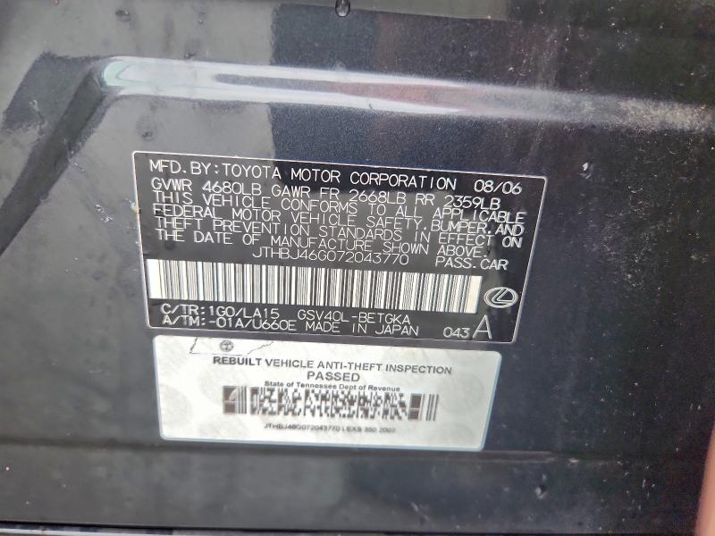 93769155 :رقم المزاد ، JTHBJ46G072043770 vin ، 2007 Lexus Es مزاد بيع