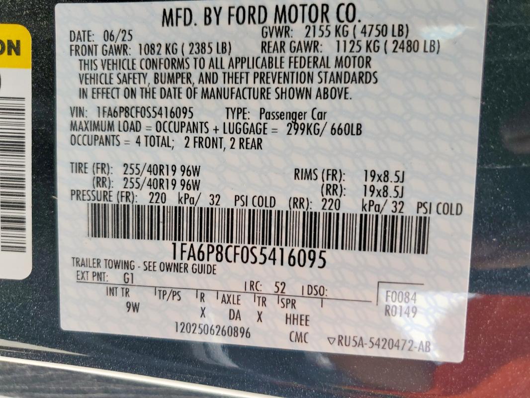 2025 Ford Mustang Gt მანქანა იყიდება აუქციონზე, vin: 1FA6P8CF0S5416095, აუქციონის ნომერი: 93511605