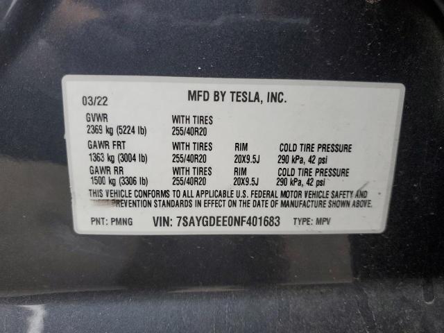 Продажа на аукционе авто 2022 Tesla Model Y, vin: 7SAYGDEE0NF401683, номер лота: 91700095