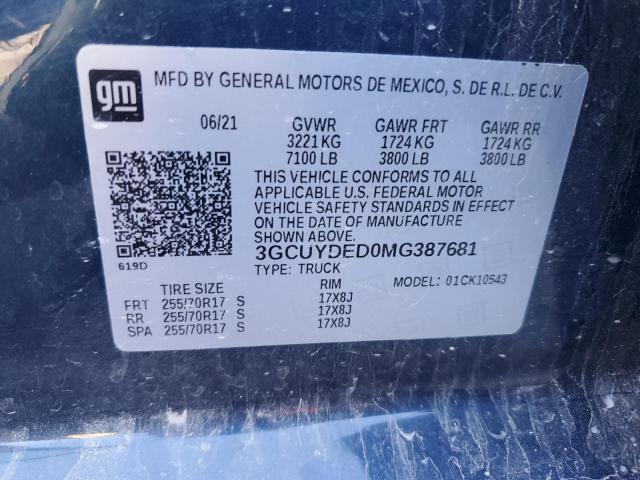 2021 Chevrolet Silverado მანქანა იყიდება აუქციონზე, vin: 3GCUYDED0MG387681, აუქციონის ნომერი: 91664105