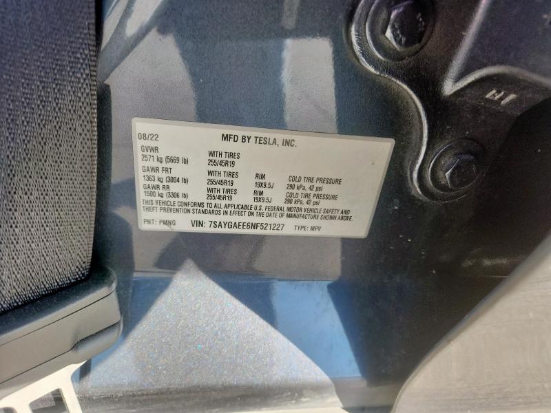 92296355 :رقم المزاد ، 7SAYGAEE6NF521227 vin ، 2022 Tesla Model Y مزاد بيع