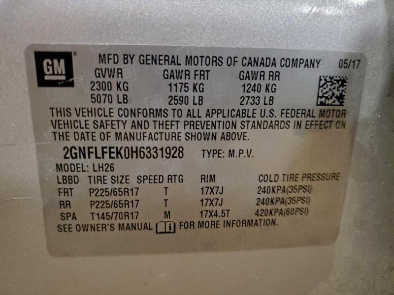 94429435 :رقم المزاد ، 2GNFLFEK0H6331928 vin ، 2017 Chevrolet Equinox Lt مزاد بيع