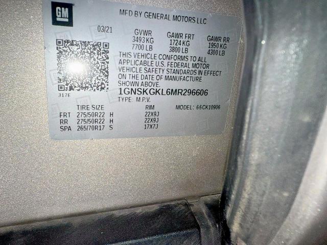 92537975 :رقم المزاد ، 1GNSKGKL6MR296606 vin ، 2021 Chevrolet Suburban K مزاد بيع