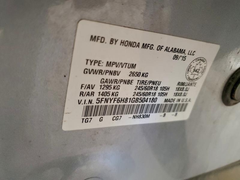 2016 Honda Pilot მანქანა იყიდება აუქციონზე, vin: 5FNYF6H81GB504180, აუქციონის ნომერი: 94635075