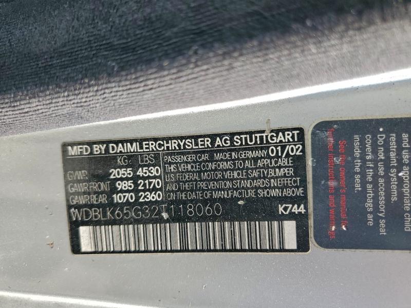 93620155 :رقم المزاد ، WDBLK65G32T118060 vin ، 2002 Mercedes-benz Clk مزاد بيع