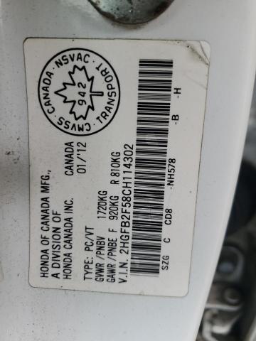 2012 Honda Civic Lx მანქანა იყიდება აუქციონზე, vin: 2HGFB2F58CH114302, აუქციონის ნომერი: 92810135
