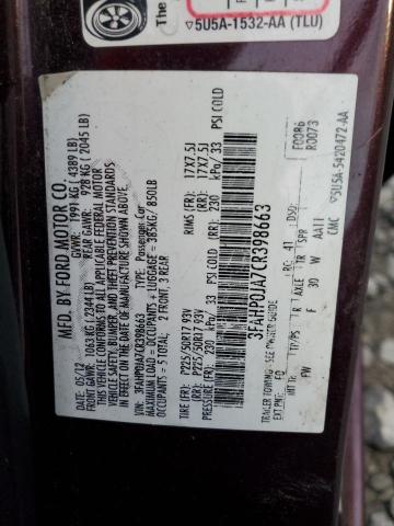2012 Ford Fusion მანქანა იყიდება აუქციონზე, vin: 3FAHP0JA7CR398663, აუქციონის ნომერი: 93006635