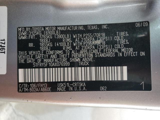 91741075 :رقم المزاد ، 5TFRY5F10AX076999 vin ، 2010 Toyota Tundra مزاد بيع