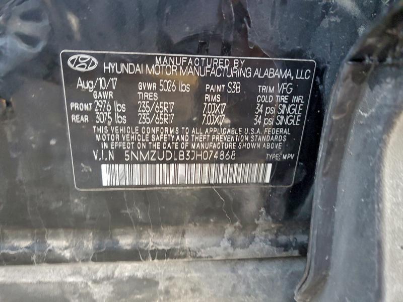 94069855 :رقم المزاد ، 5NMZUDLB3JH074868 vin ، 2018 Hyundai Santa Fe S مزاد بيع