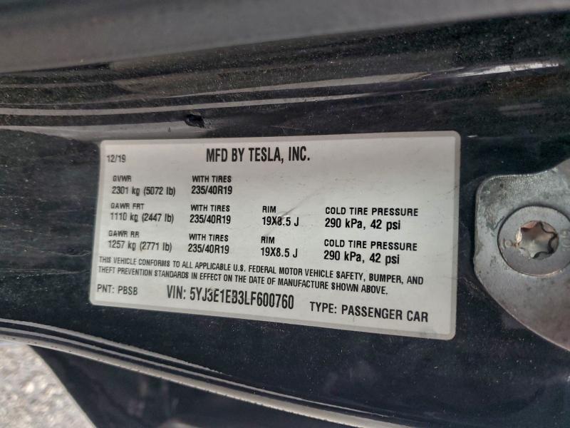 94115805 :رقم المزاد ، 5YJ3E1EB3LF600760 vin ، 2020 Tesla Model 3 مزاد بيع