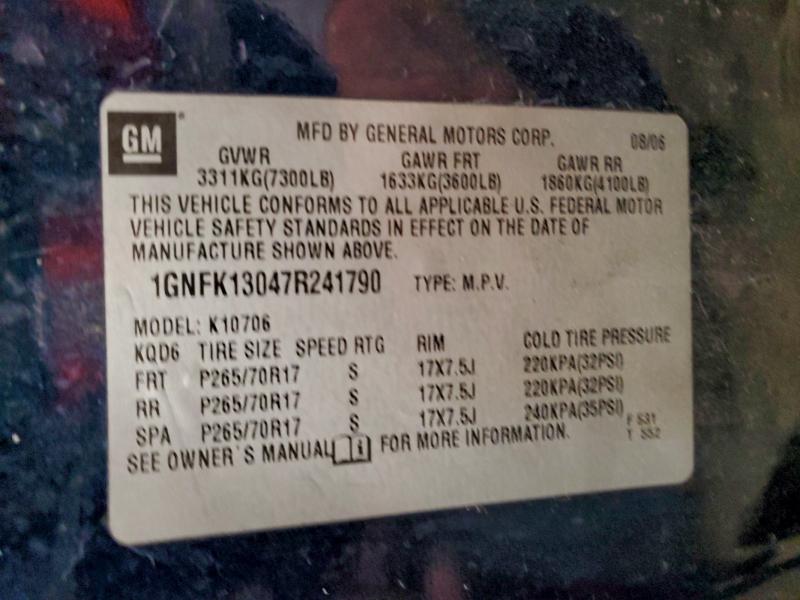 2007 Chev Tahoe მანქანა იყიდება აუქციონზე, vin: 1GNFK13047R241790, აუქციონის ნომერი: 94724475