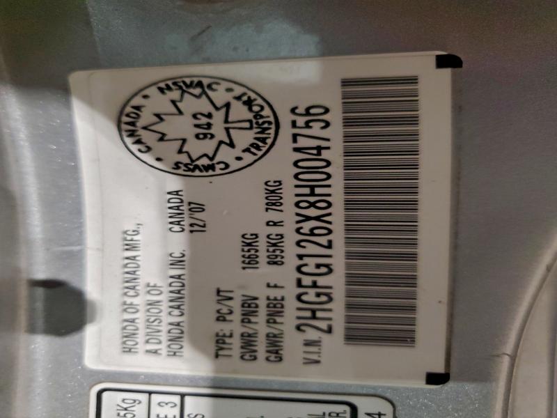 94122215 :رقم المزاد ، 2HGFG126X8H004756 vin ، 2008 Honda Civic مزاد بيع