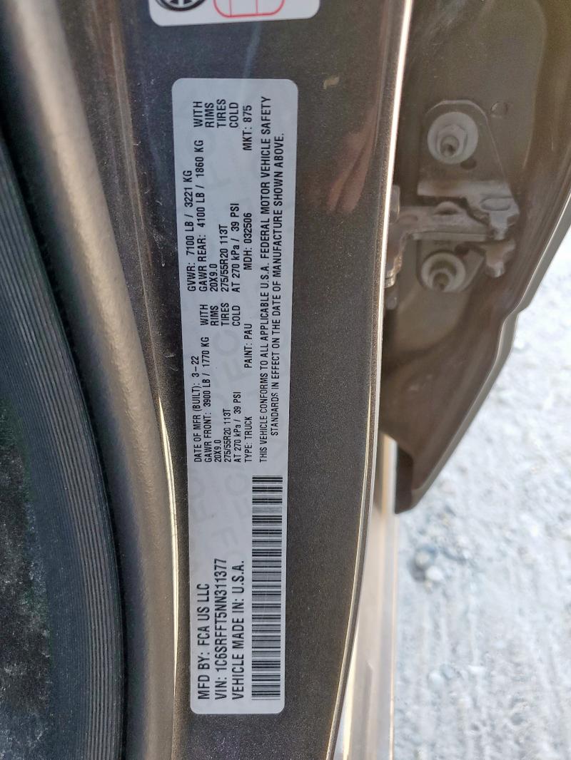Продаж на аукціоні авто 2022 Ram 1500, vin: 1C6SRFFT5NN311377, номер лоту: 91579445
