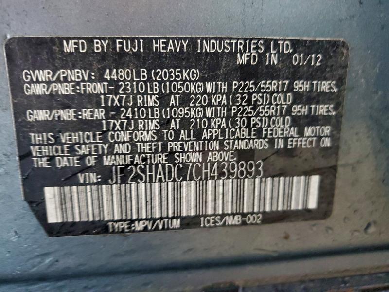 Aukcja sprzedaży 2012 Subaru Forester, vin: JF2SHADC7CH439893, numer aukcji: 94142965
