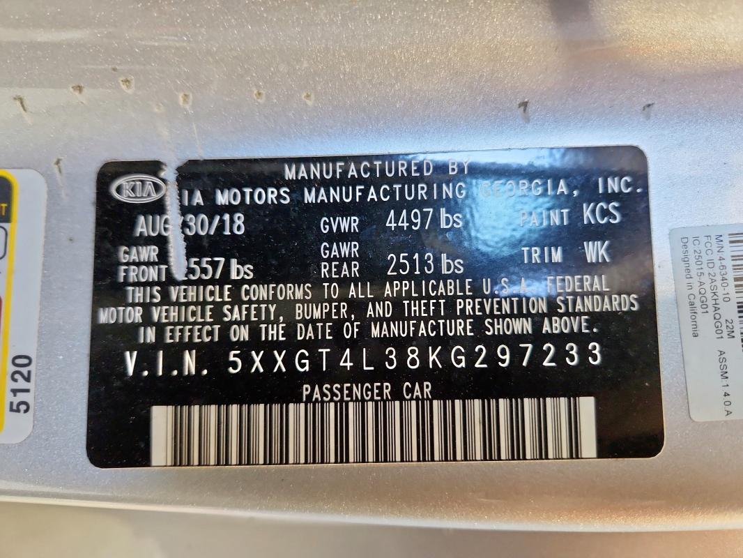 2019 Kia Optima Lx მანქანა იყიდება აუქციონზე, vin: 5XXGT4L38KG297233, აუქციონის ნომერი: 92129695