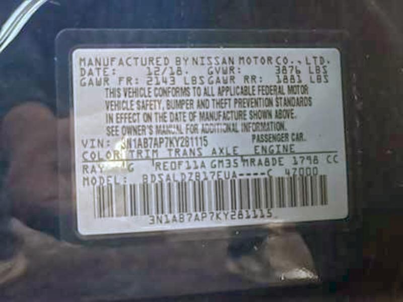 Aukcja sprzedaży 2019 Nissan Sentra S, vin: 3N1AB7AP7KY281115, numer aukcji: 95106075